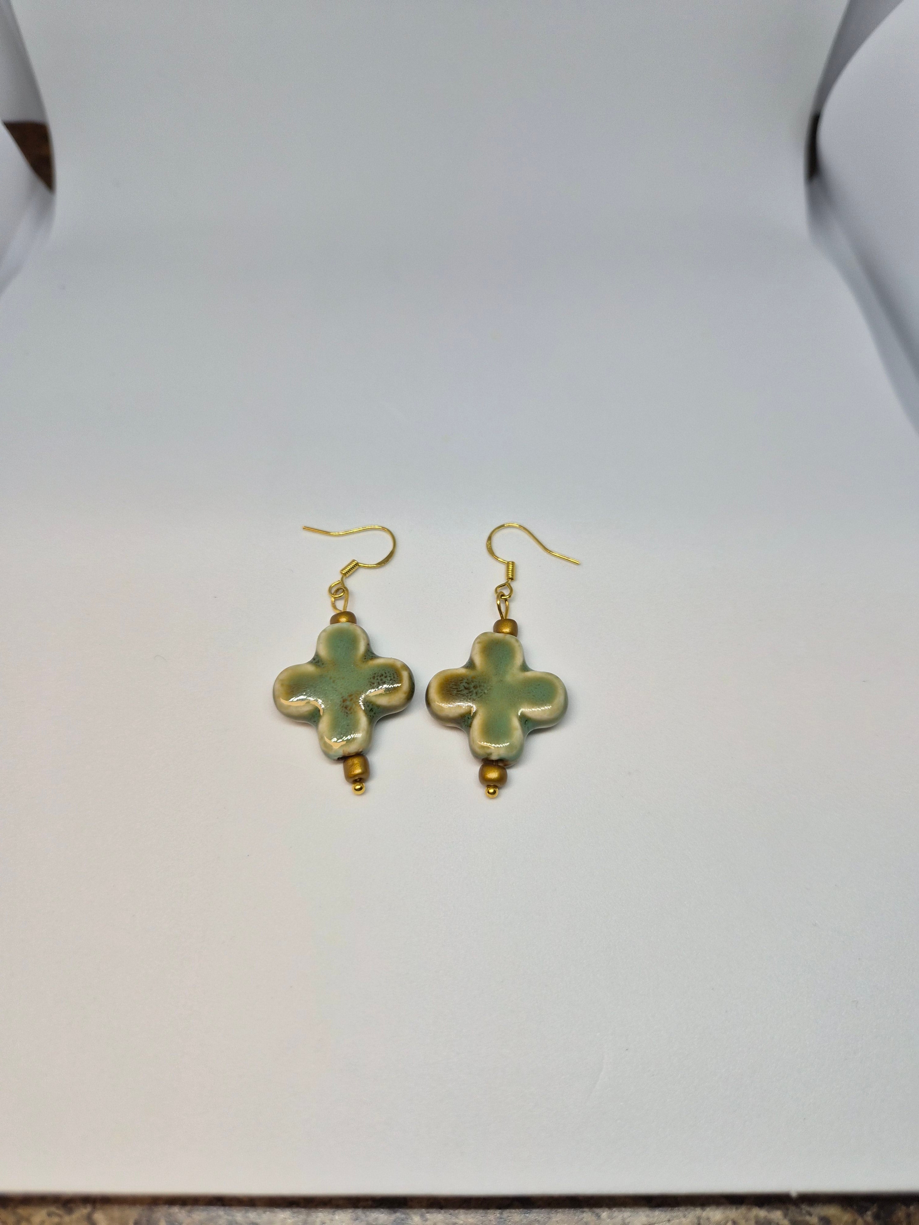 Green Glazed Cross Earrings